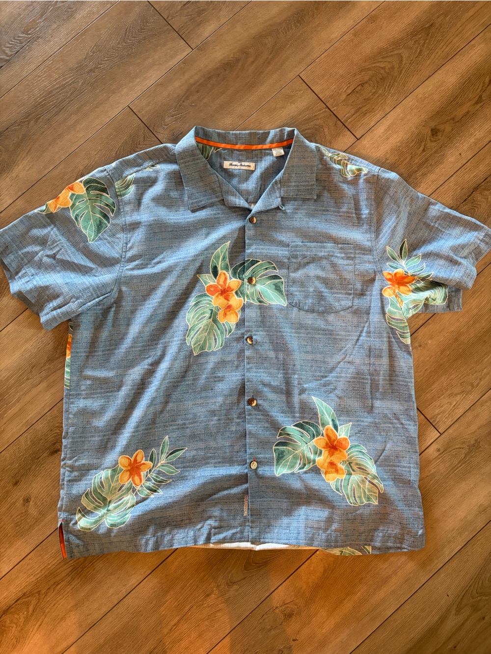 Tommy Bahama Blue Hawaiian Camp Shirt with Orange Floral Print XXL